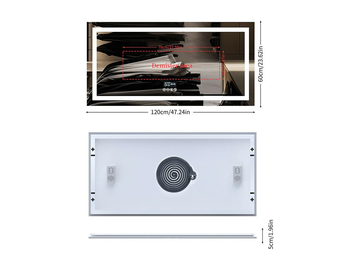 Espejo de baño 120x60cm LED regulable + antivaho + Bluetooth 5.2 + Reloj + 3 colores 4 botones