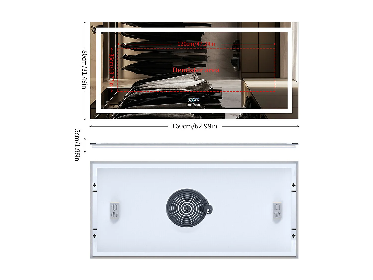 Espejo de baño 160x80cm LED regulable + antivaho + Bluetooth 5.2 + Reloj + 3 colores 4 botones