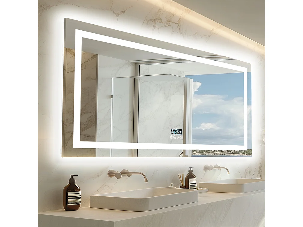 Espejo de baño 160x80cm LED regulable + antivaho + Bluetooth 5.2 + Reloj + 3 colores 4 botones