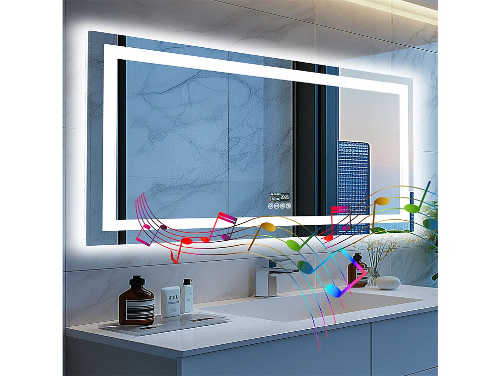 Miroir salle de bain 160x80cm LED réglable+antibuée+Bluetooth 5.2 +Horloge+3 couleurs 4 boutons