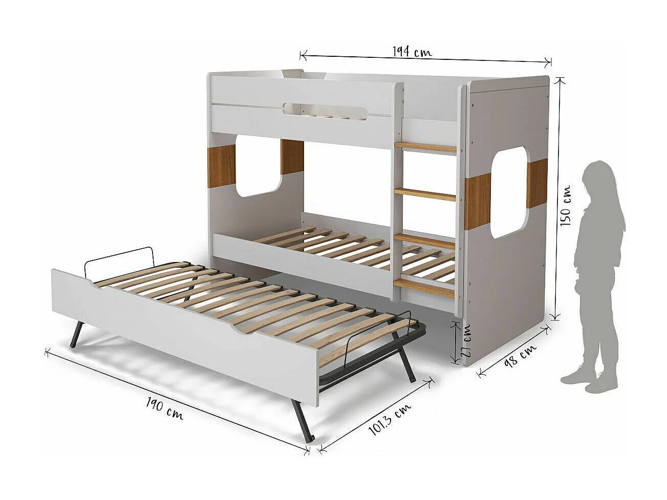 Lit superposé gigogne 90x190 cm panneaux de fibres blanc LEJI