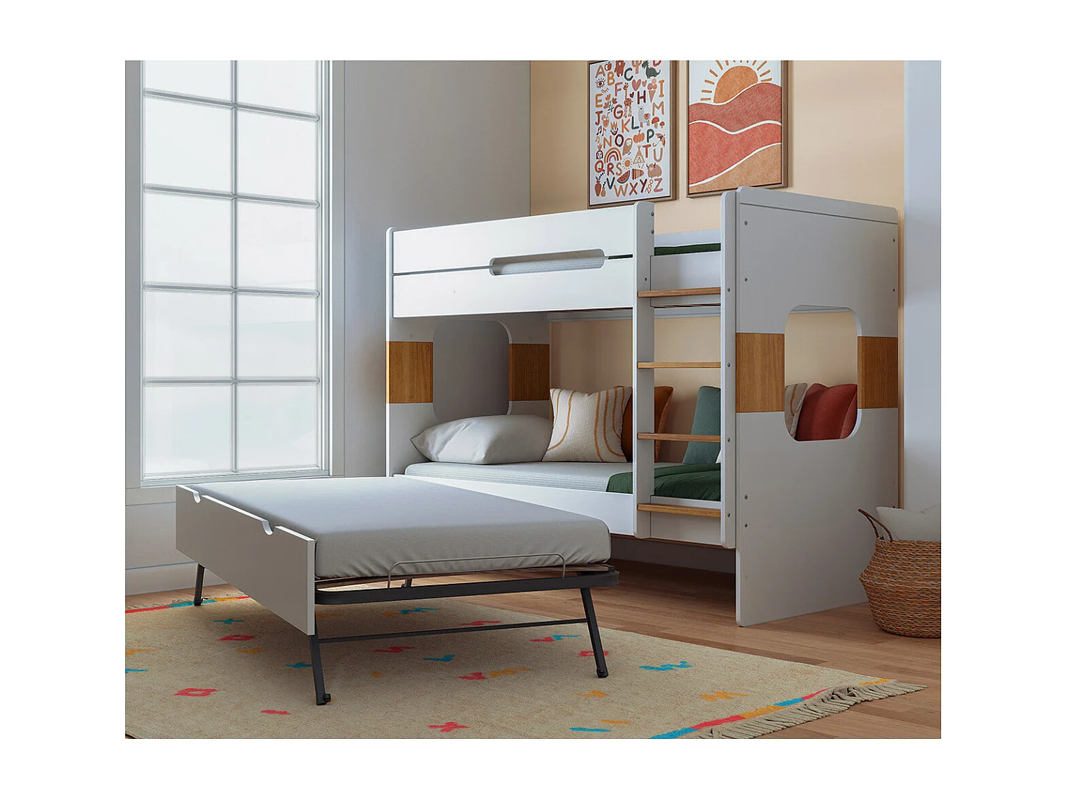 Lit superposé gigogne 90x190 cm panneaux de fibres blanc LEJI