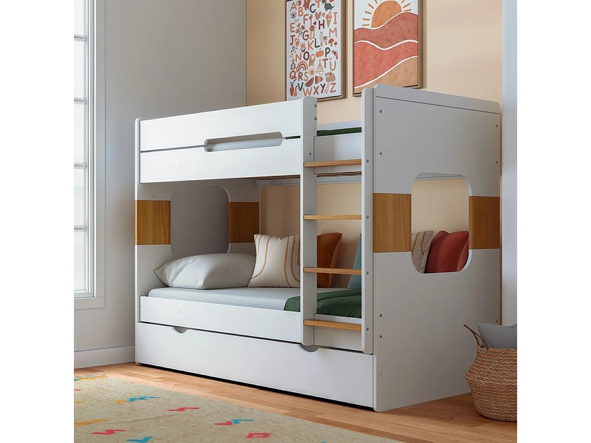 Lit superposé gigogne 90x190 cm panneaux de fibres blanc LEJI