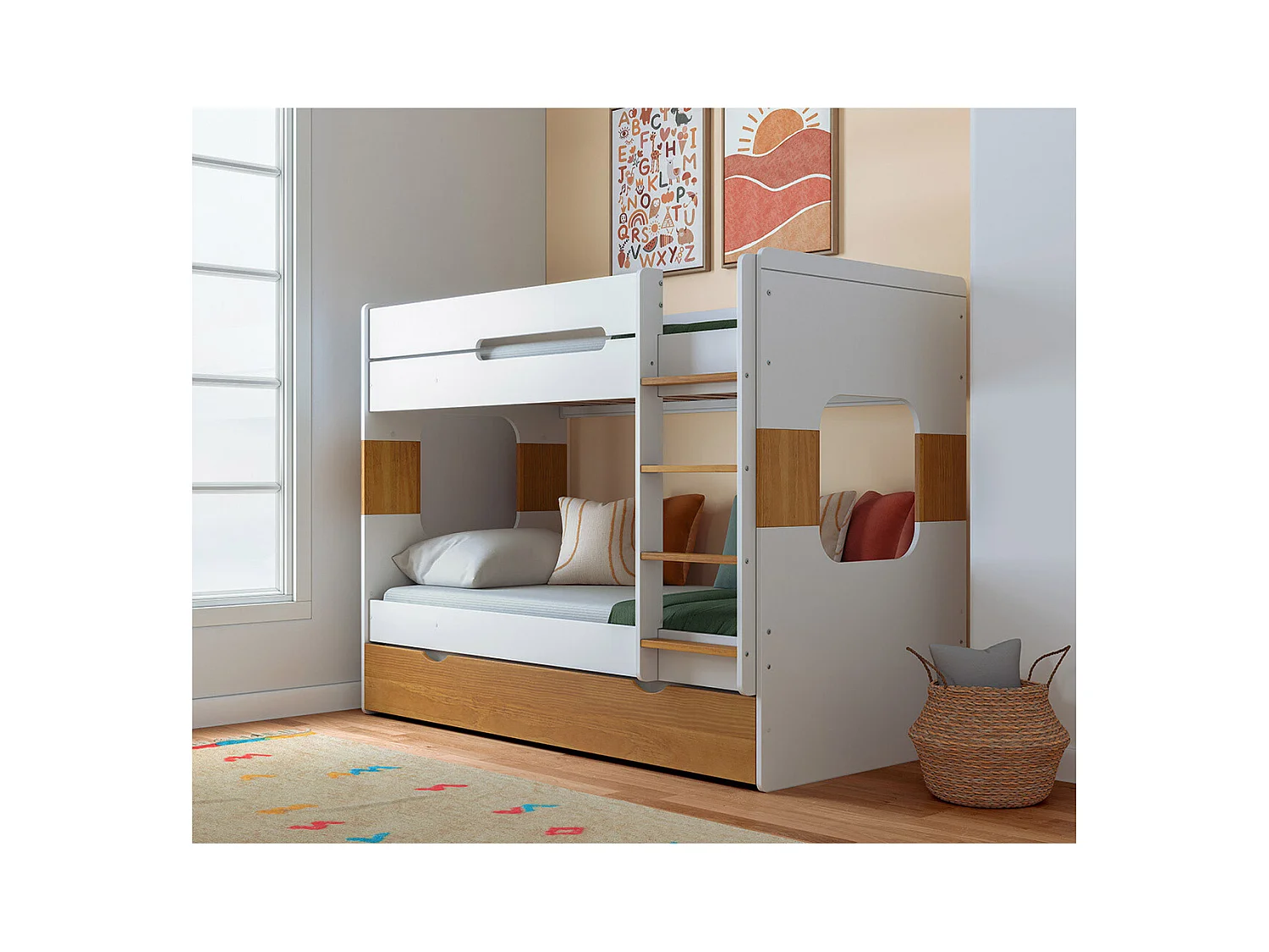 Lit superposé gigogne 90x190 cm panneaux de fibres blanc et noisette LEJI