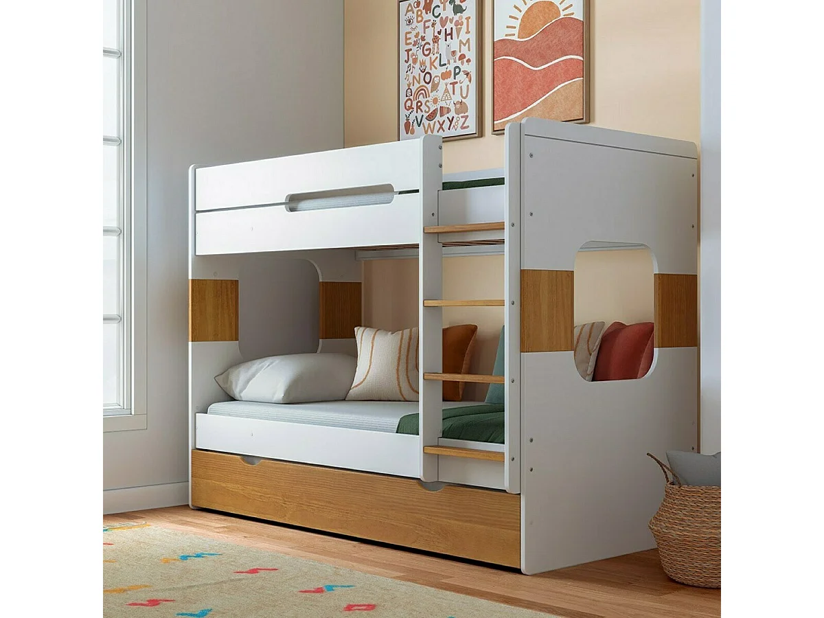Lit superposé gigogne 90x190 cm panneaux de fibres blanc et noisette LEJI