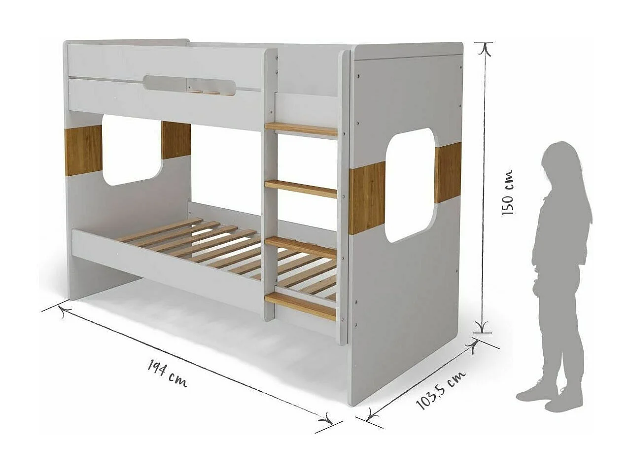 Pack lit superposé avec matelas 90x190 cm panneaux de fibres blanc et noisette LEJI
