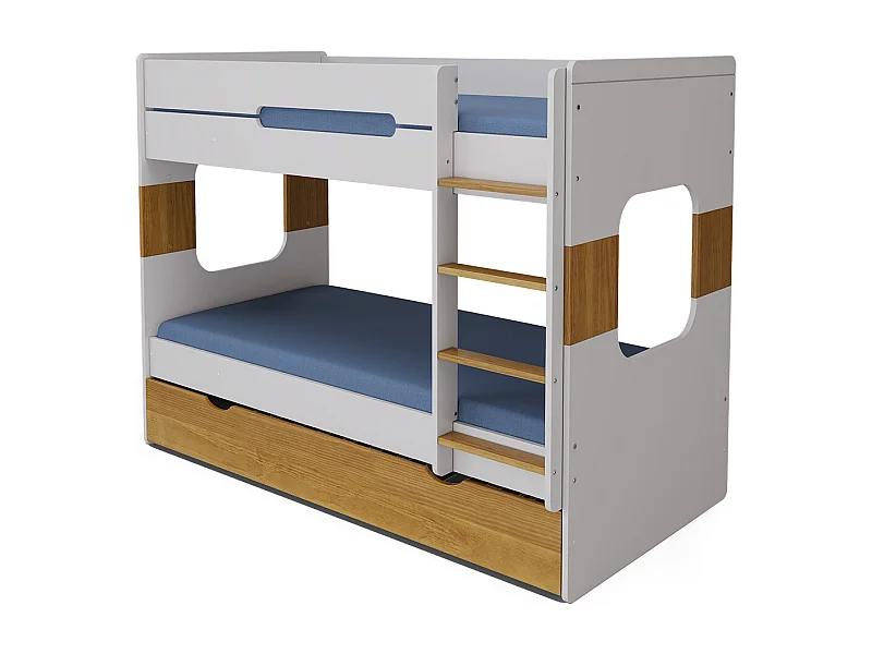 Pack lit superposé gigogne avec 2 matelas 90x190 cm panneaux de fibres blanc et noisette LEJI