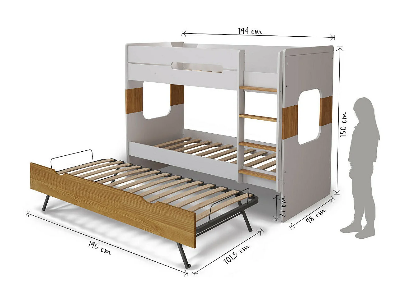 Pack lit superposé gigogne avec 2 matelas 90x190 cm panneaux de fibres blanc et noisette LEJI