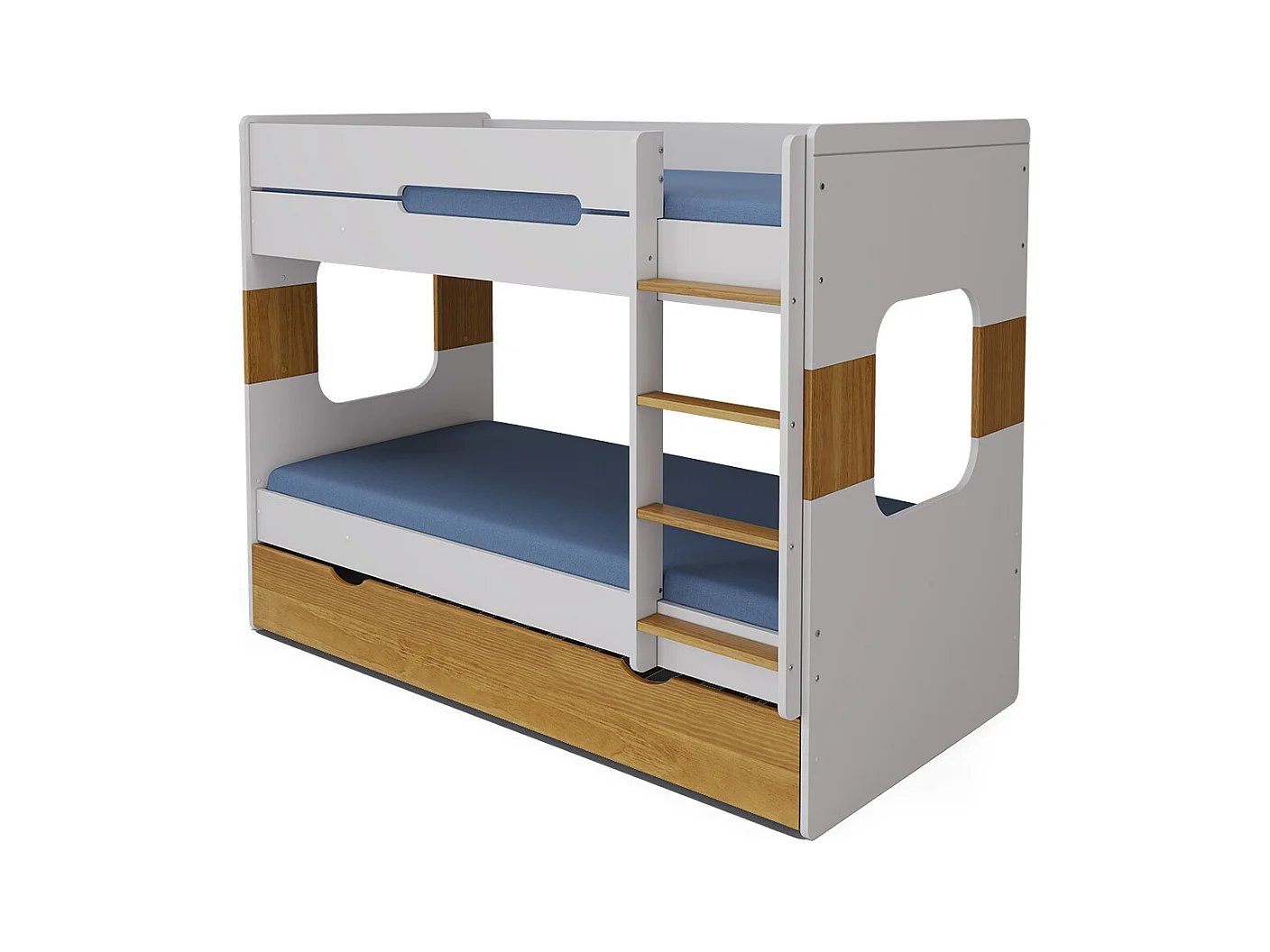 Pack lit superposé gigogne avec 2 matelas 90x190 cm panneaux de fibres blanc et noisette LEJI