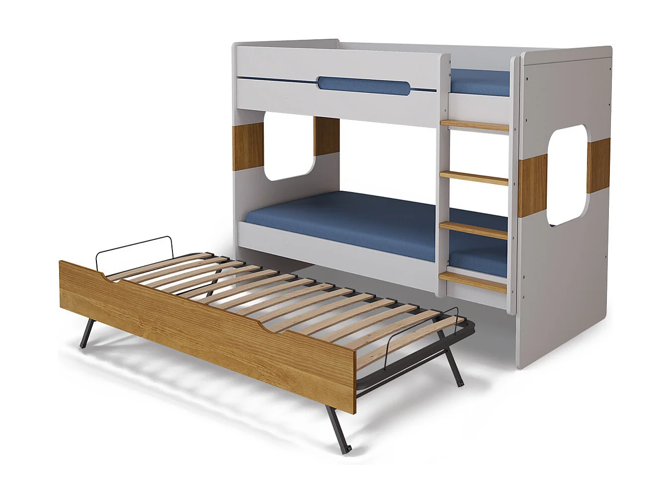 Pack lit superposé gigogne avec 2 matelas 90x190 cm panneaux de fibres blanc et noisette LEJI