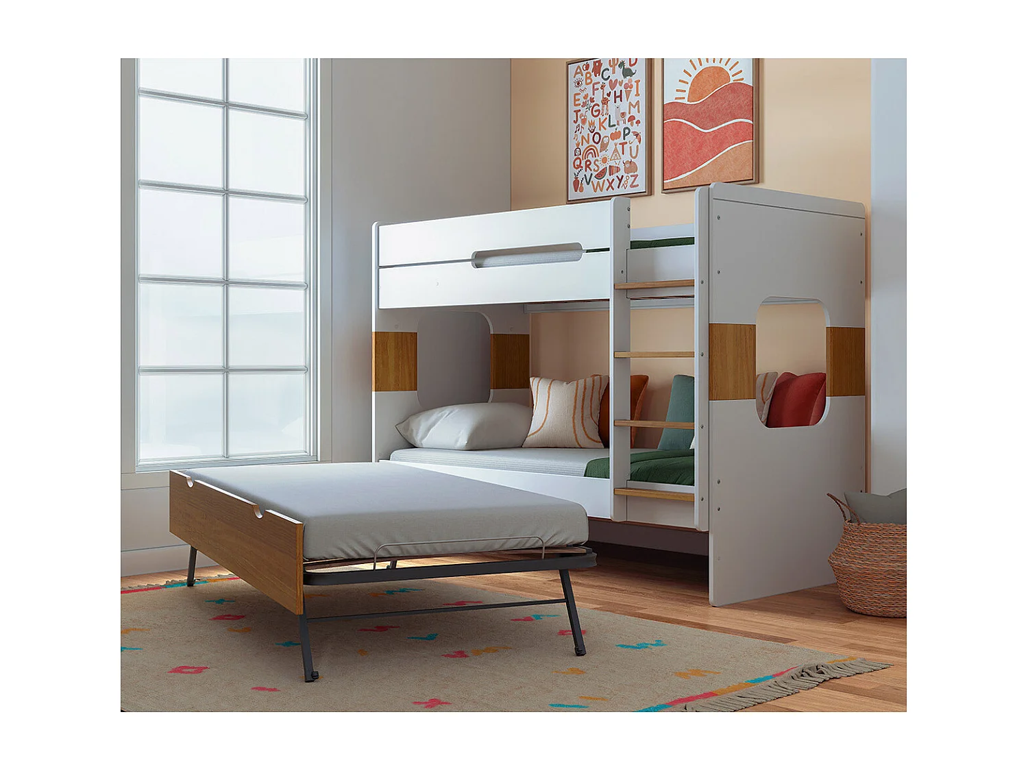 Pack lit superposé gigogne avec 2 matelas 90x190 cm panneaux de fibres blanc et noisette LEJI