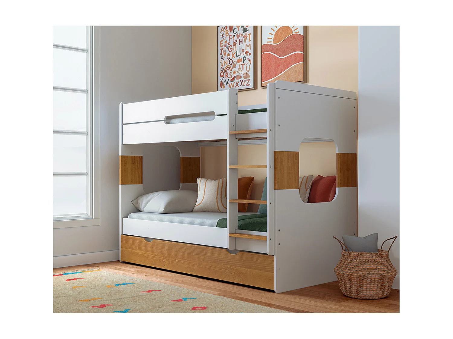 Pack lit superposé gigogne avec 2 matelas 90x190 cm panneaux de fibres blanc et noisette LEJI