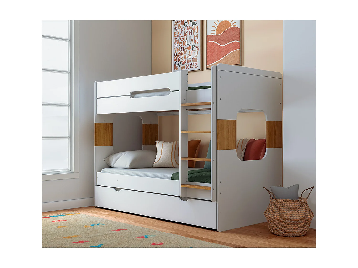 Pack lit superposé gigogne avec 2 matelas 90x190 cm panneaux de fibres blanc LEJI