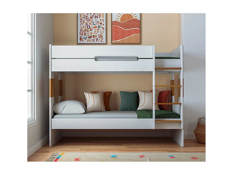 Lit superposé 90x190 cm panneaux de fibres blanc et noisette LEJI