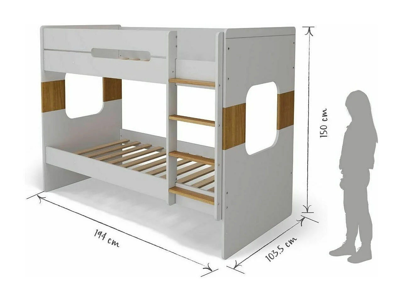 Lit superposé 90x190 cm panneaux de fibres blanc et noisette LEJI