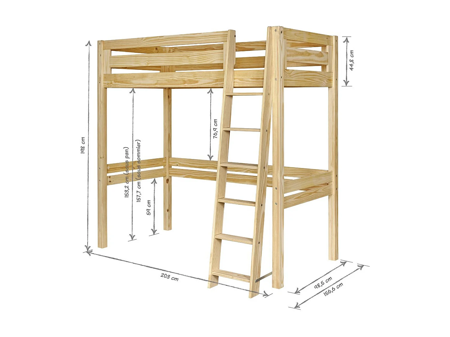 Pack lit mezzanine 2 places avec matelas 120x190 cm bois massif blanc ORSAI