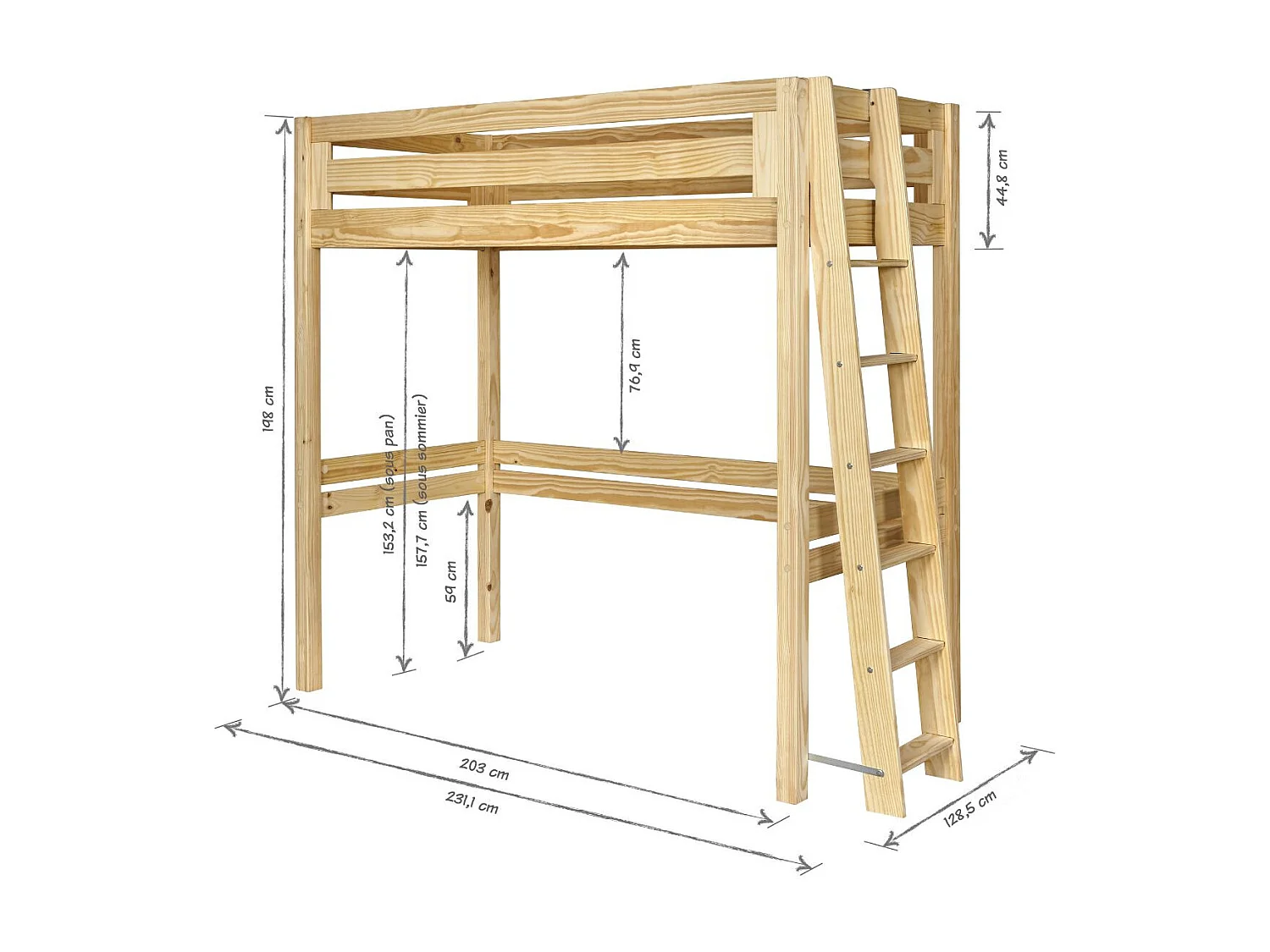 Pack lit mezzanine 2 places avec matelas 120x190 cm bois massif blanc ORSAI