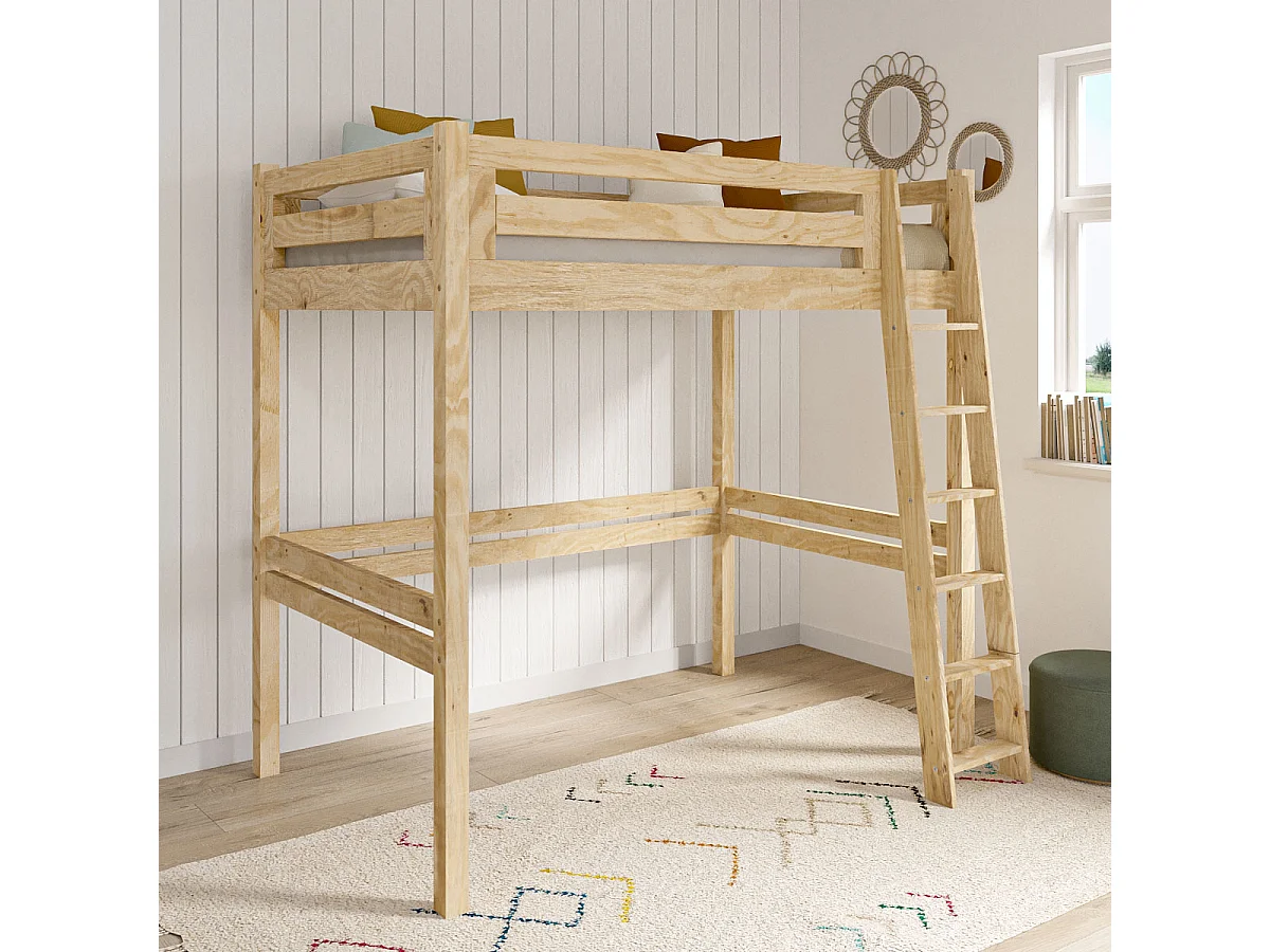 Lit mezzanine 1 place 90x190 cm bois massif bois naturel ORSAI