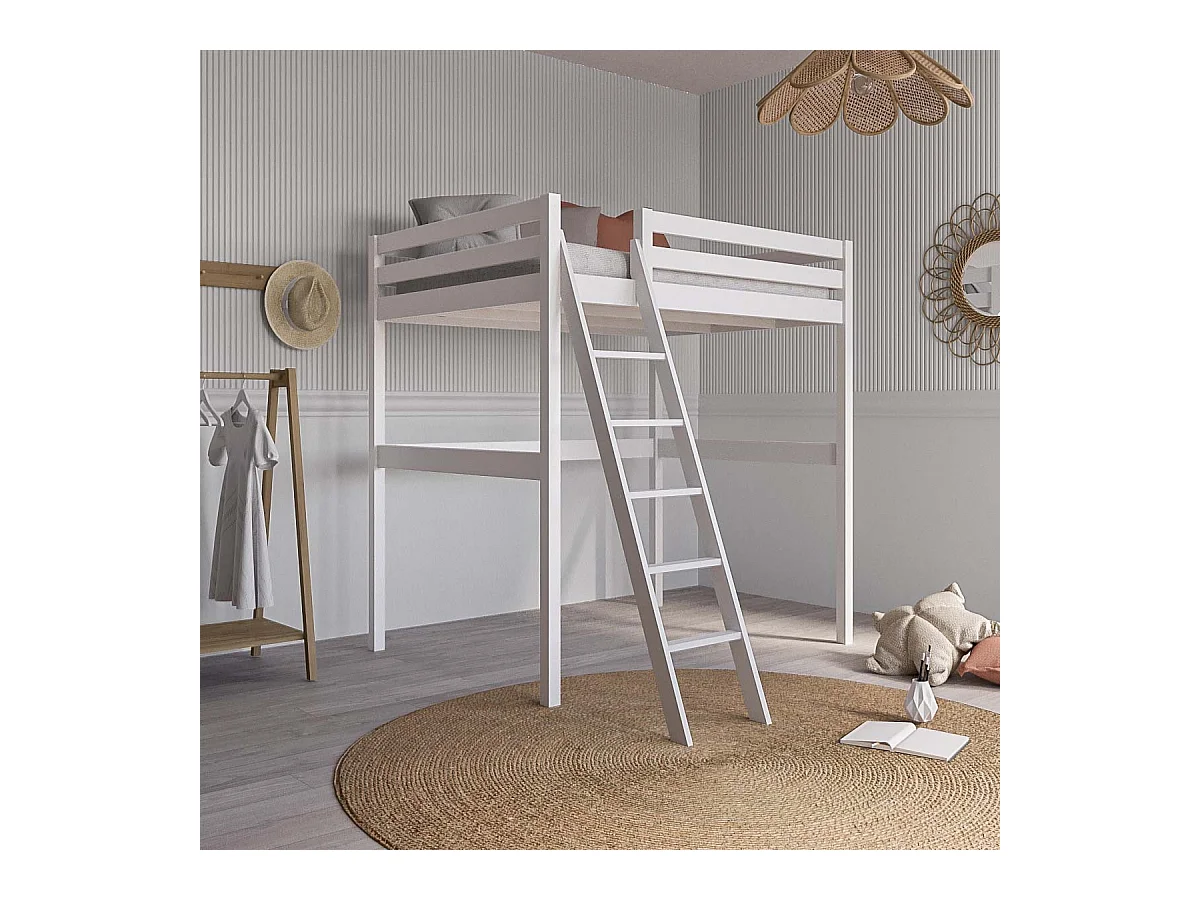 Lit mezzanine 2 places 140x190 cm bois massif blanc AARON