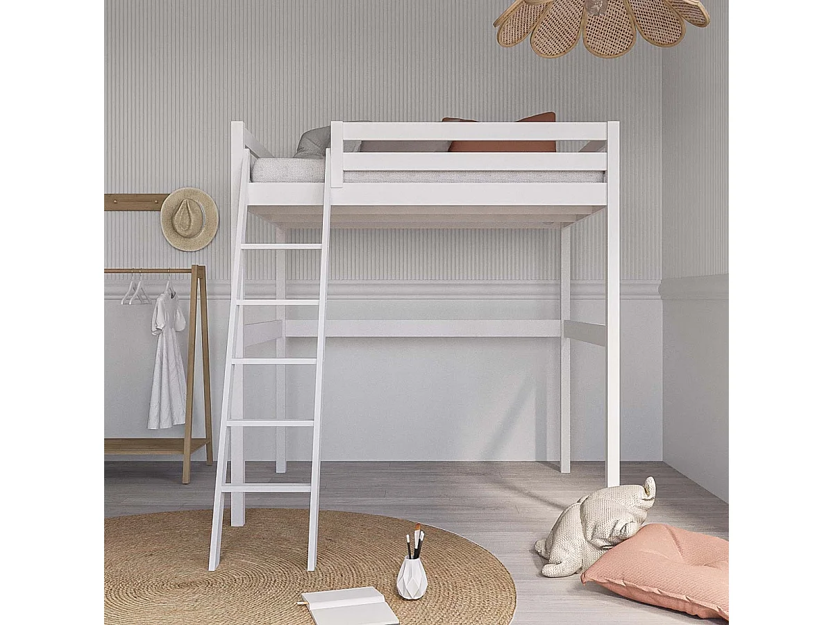 Lit mezzanine 2 places 140x190 cm bois massif blanc AARON