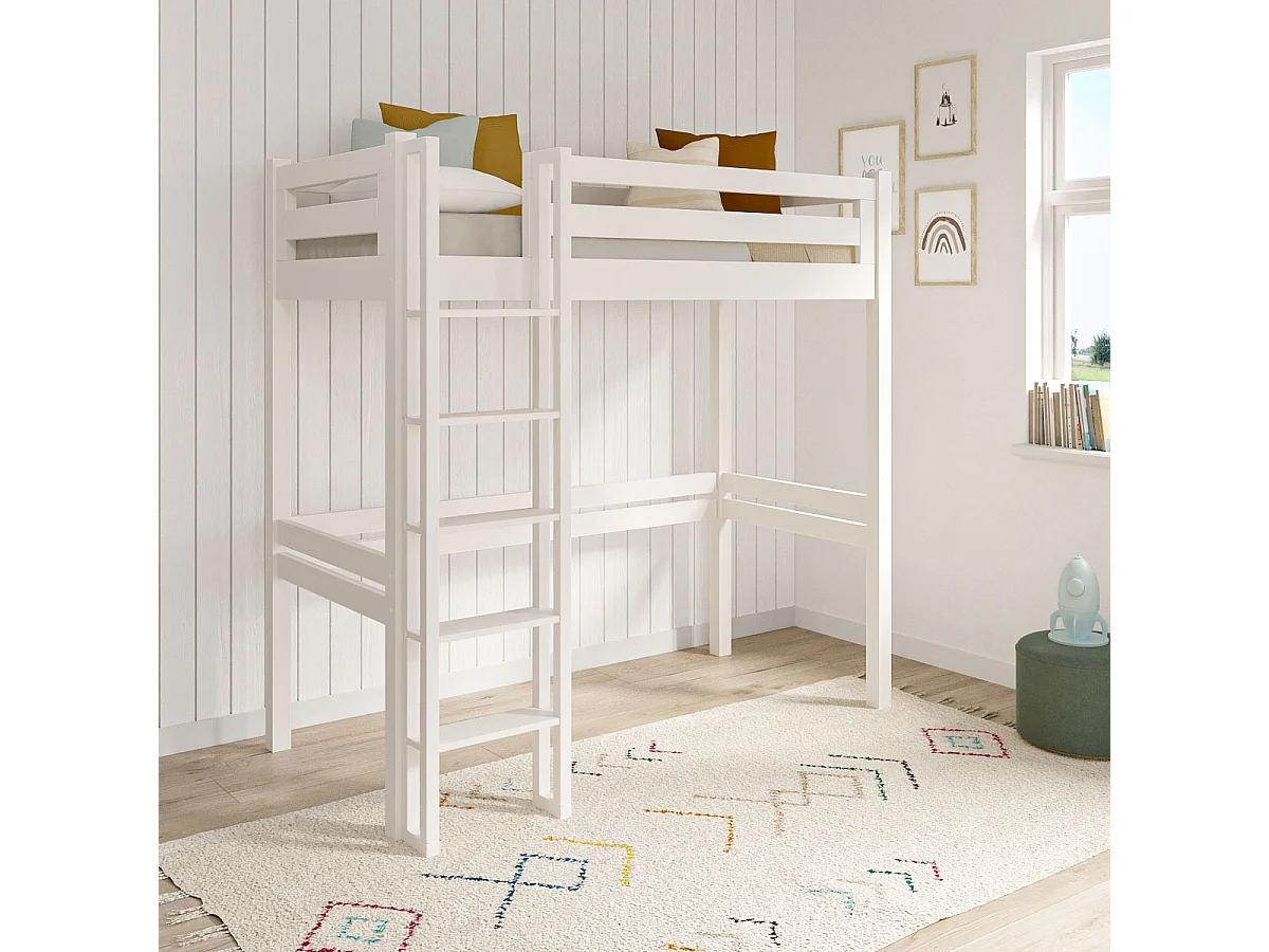 Pack lit mezzanine 1 place avec matelas 90x190 cm bois massif blanc DORSÉ