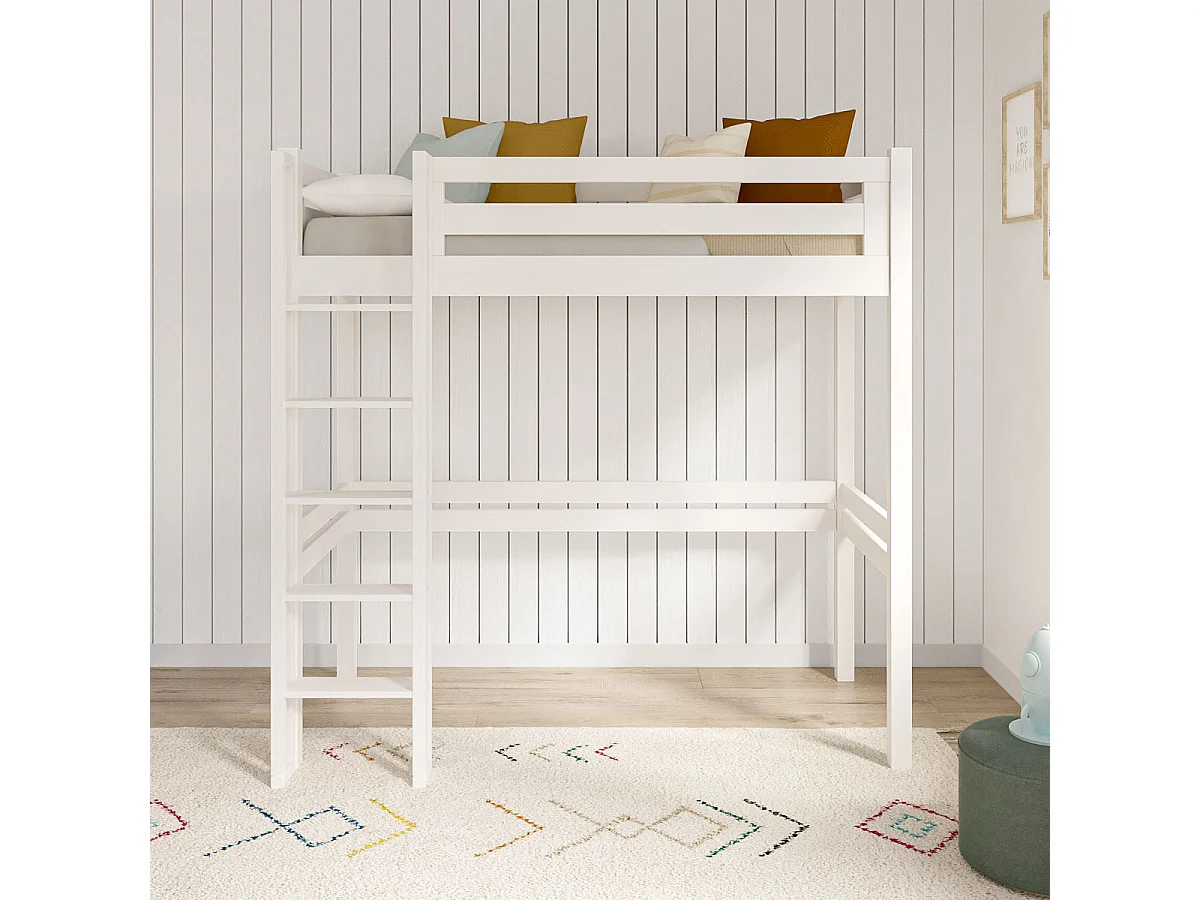 Pack lit mezzanine 1 place avec matelas 90x190 cm bois massif blanc DORSÉ