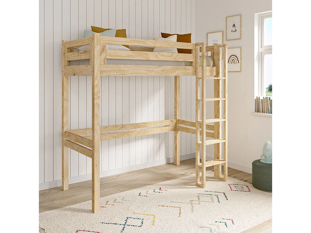 Lit mezzanine 1 place 90x190 cm bois massif bois naturel DORSÉ