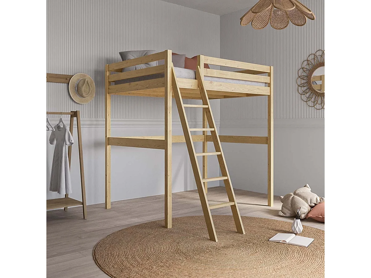 Lit mezzanine 2 places 140x190 cm bois massif bois AARON