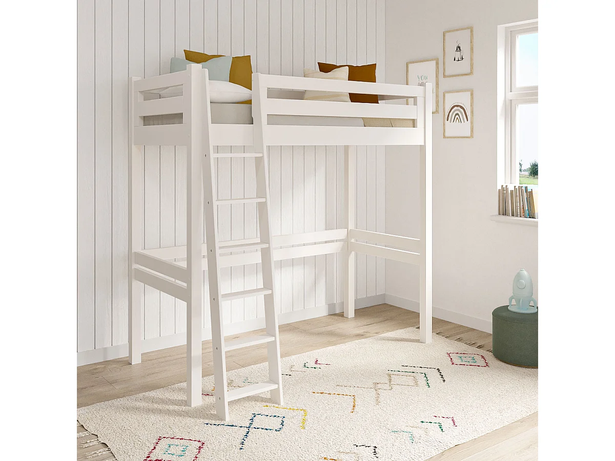 Lit mezzanine 1 place 90x190 cm bois massif blanc ORSAI