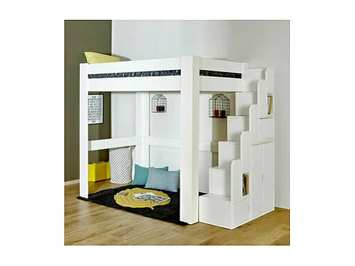 Lit mezzanine avec escalier 90x190 cm bois massif blanc et bois LEX