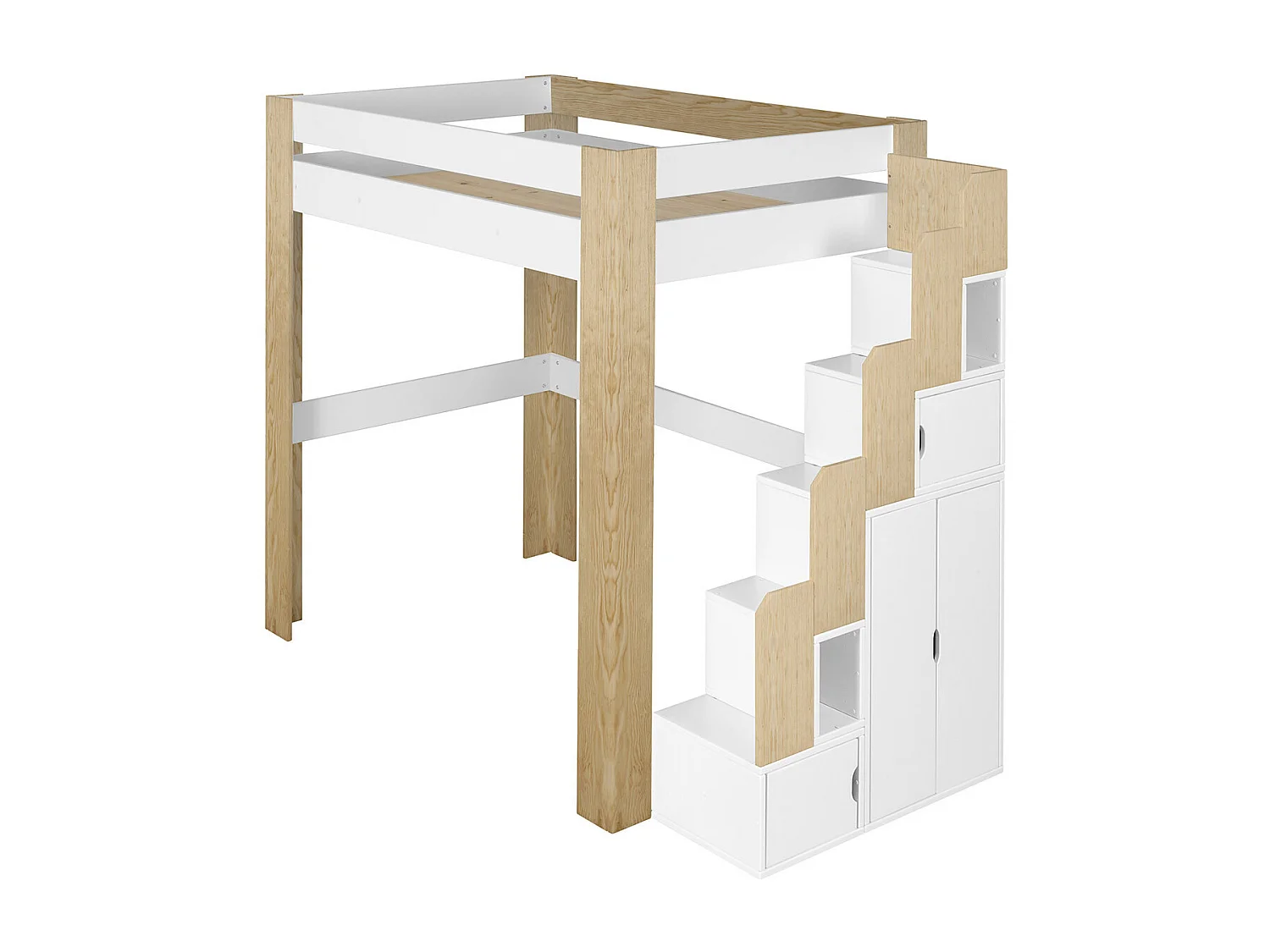 Lit mezzanine avec escalier 90x190 cm bois massif blanc et bois LEX