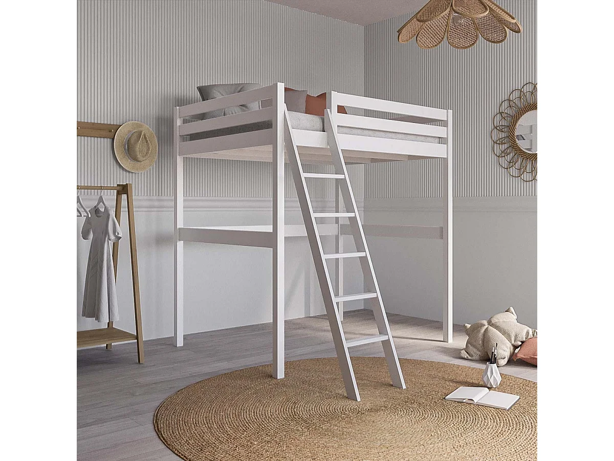 Pack lit mezzanine 2 places avec matelas 140x190 cm bois massif blanc AARON