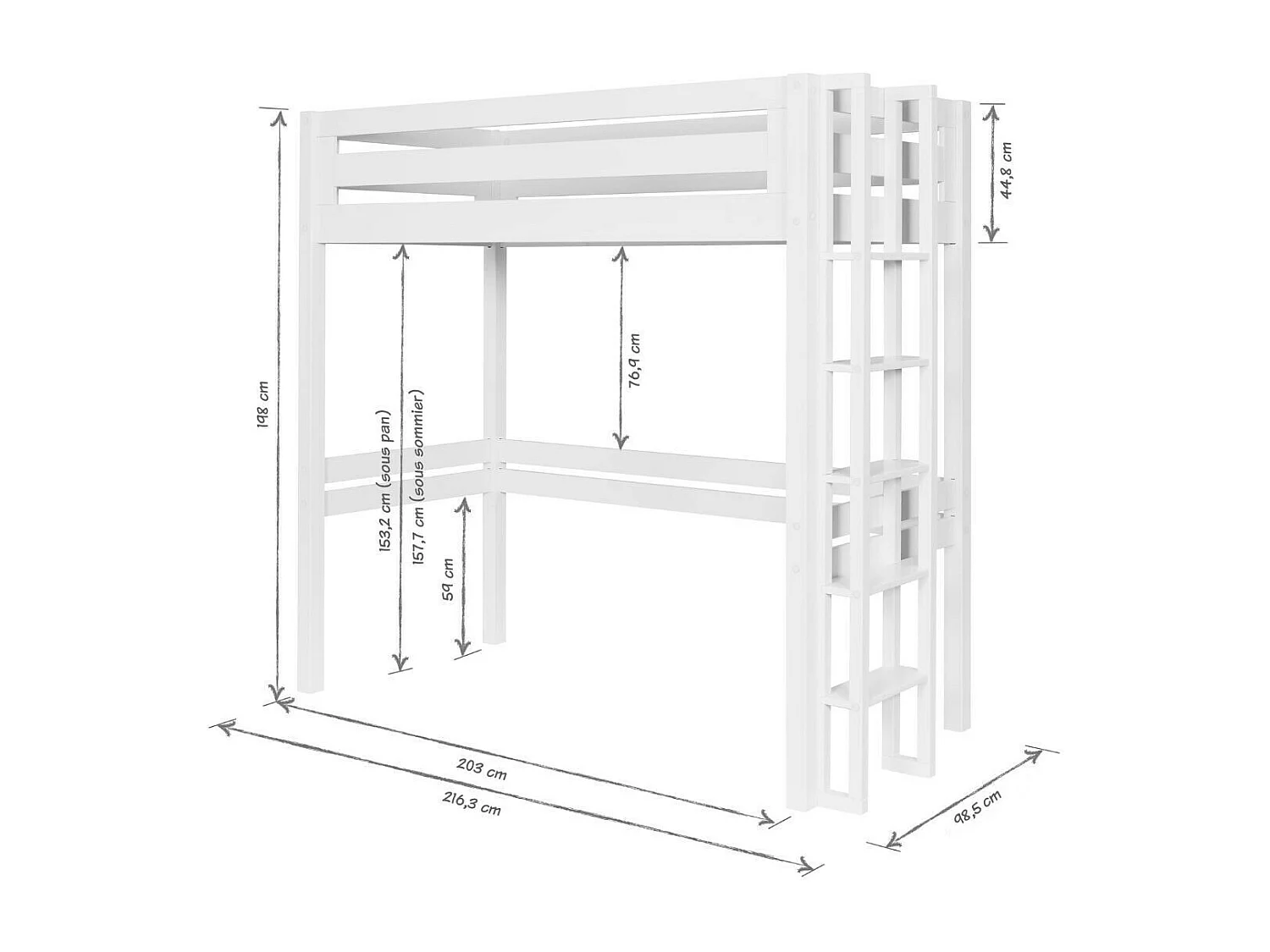 Lit mezzanine 1 place 90x190 cm bois massif blanc DORSÉ