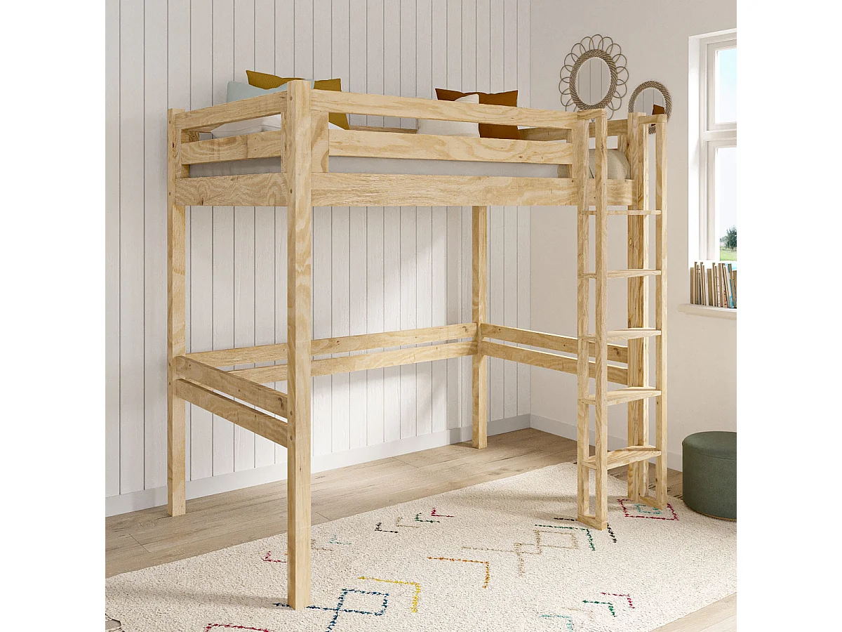 Pack Lit mezzanine 2 places avec matelas 120x190 cm bois massif bois naturel DORSÉ