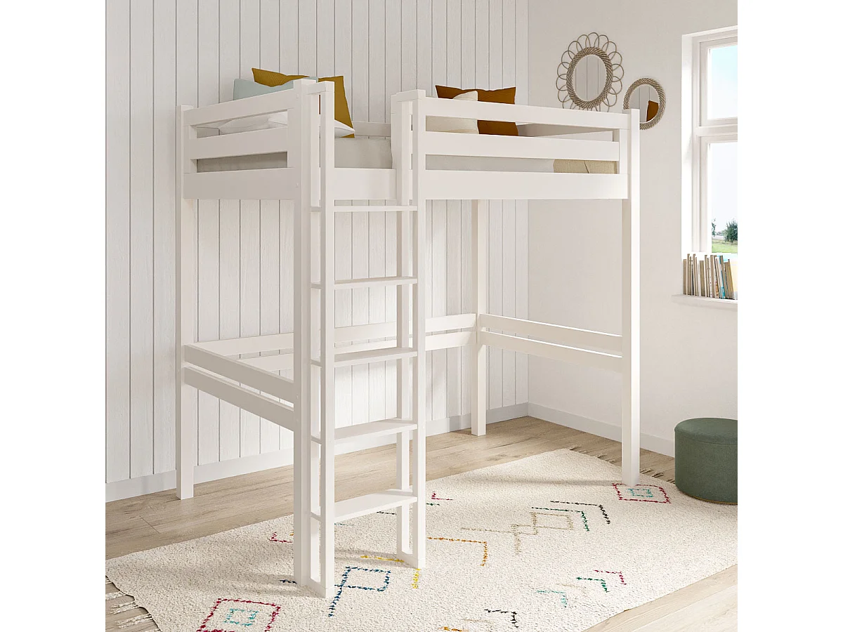 Lit mezzanine 2 places 120x190 cm bois massif blanc DORSÉ