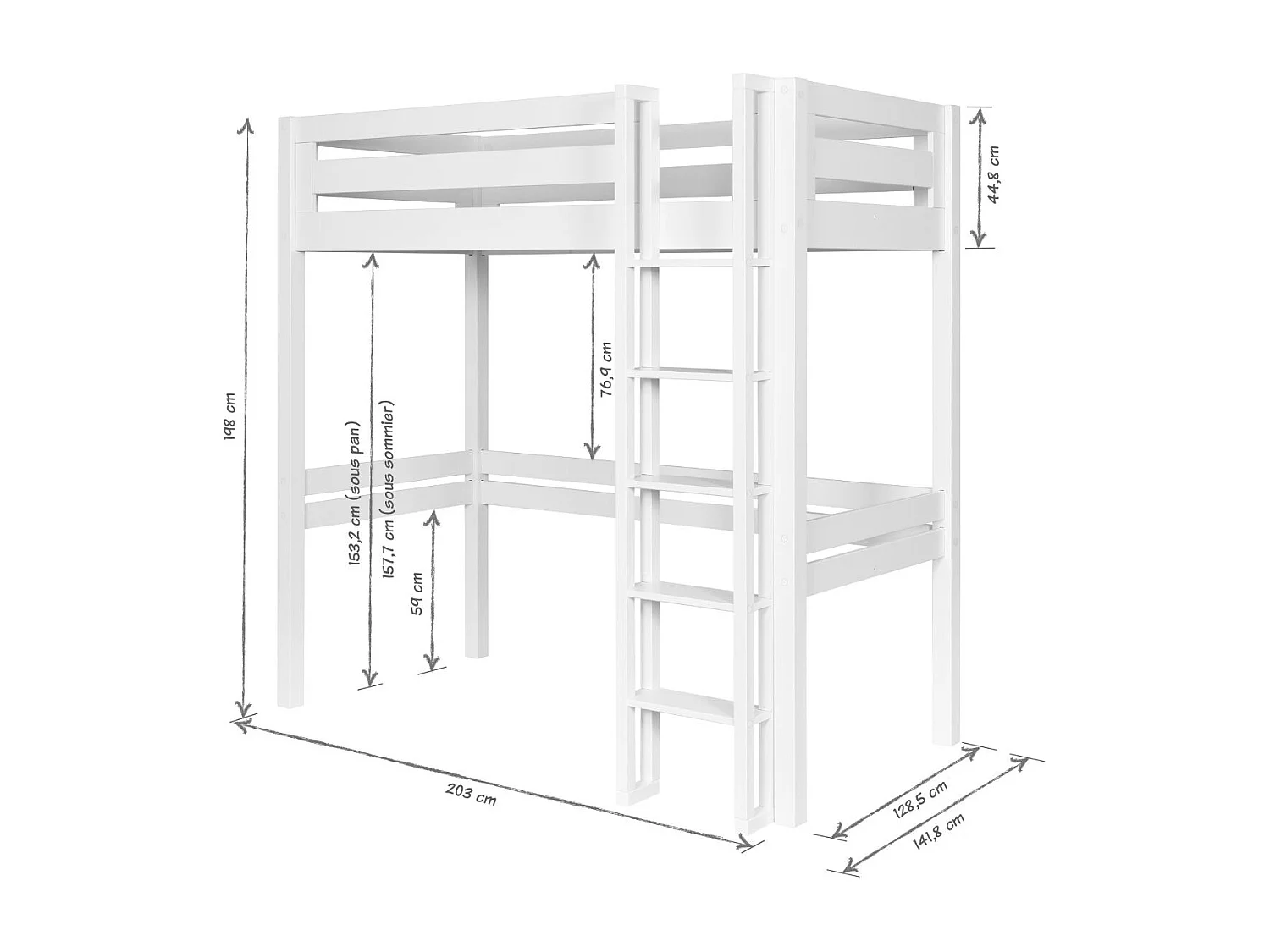Lit mezzanine 2 places 120x190 cm bois massif blanc DORSÉ