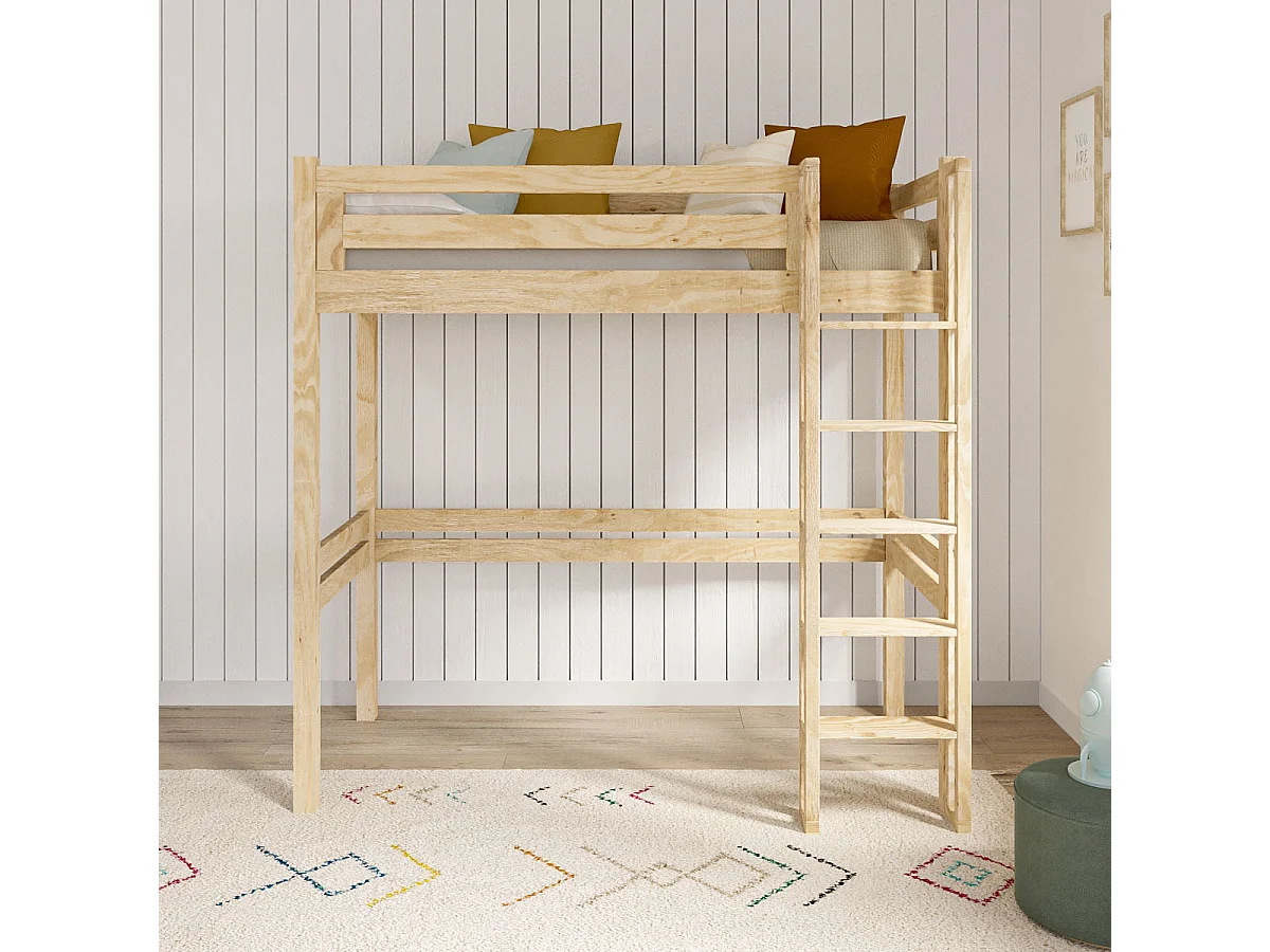 Pack lit mezzanine 1 place avec matelas 90x190 cm bois massif bois naturel DORSÉ