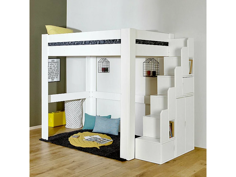 Lit mezzanine avec escalier 90x190 cm bois massif blanc LEX
