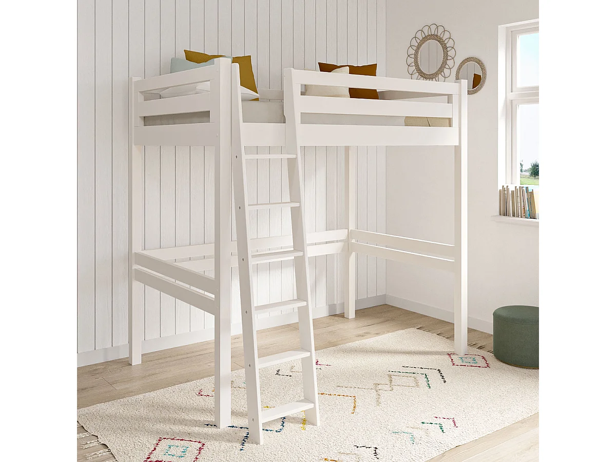 Pack lit mezzanine 2 places avec matelas 140x190 cm bois massif blanc ORSAI