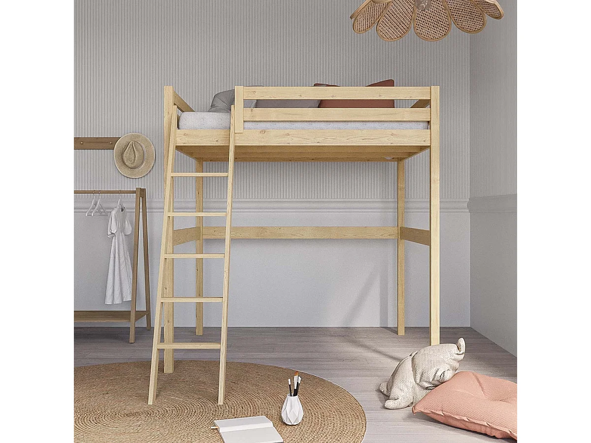 Pack lit mezzanine 2 places avec matelas 140x190 cm bois massif bois AARON