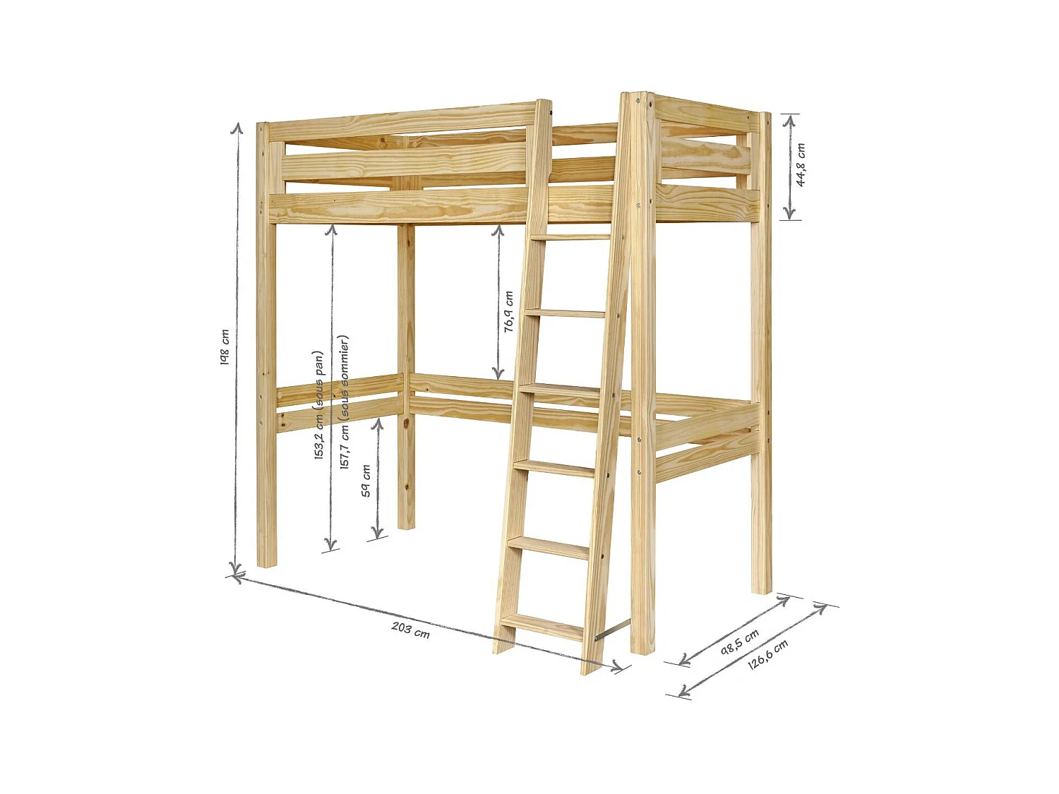 Pack lit mezzanine 1 place avec matelas 90x190 cm bois massif blanc ORSAI