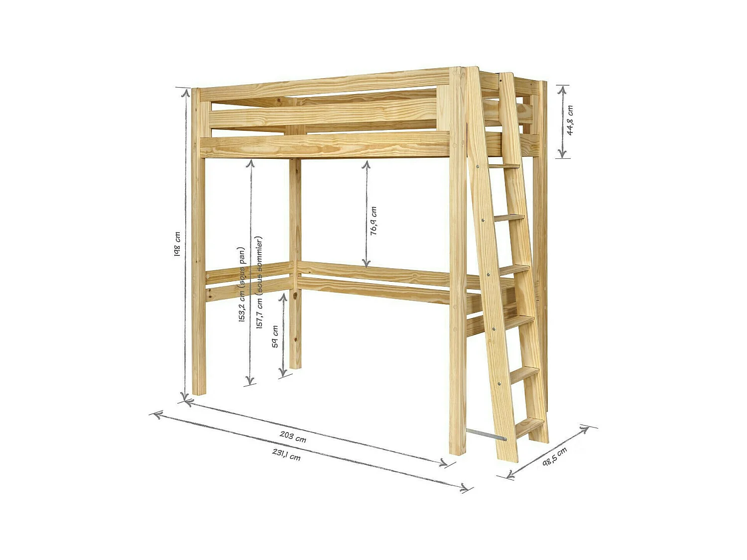 Pack lit mezzanine 1 place avec matelas 90x190 cm bois massif blanc ORSAI