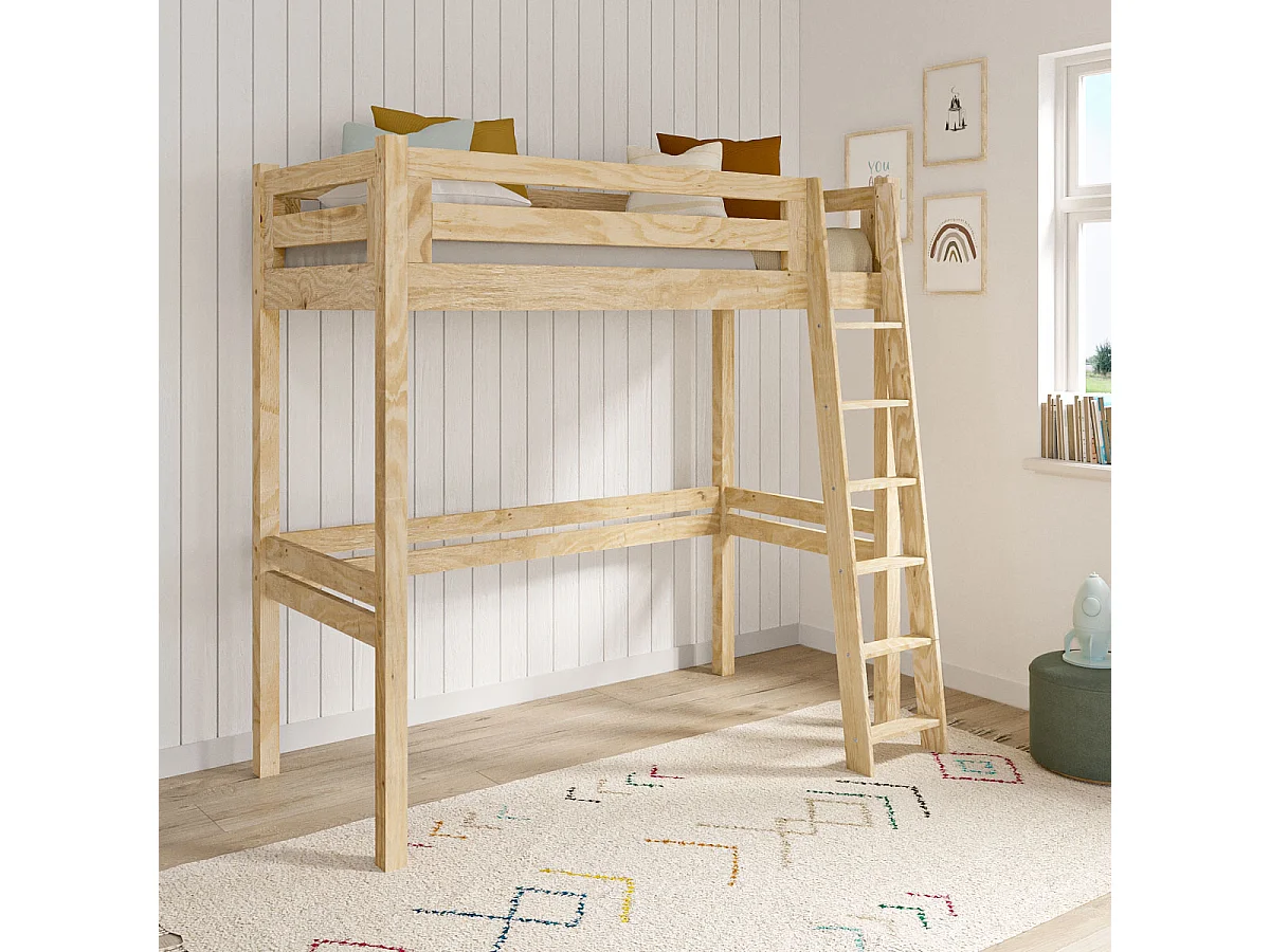 Pack lit mezzanine 1 place avec matelas 90x190 cm bois massif bois naturel ORSAI