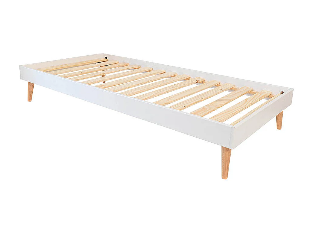 Pack lit enfant avec pieds et matelas 90x190 cm bois massif blanc DARLA