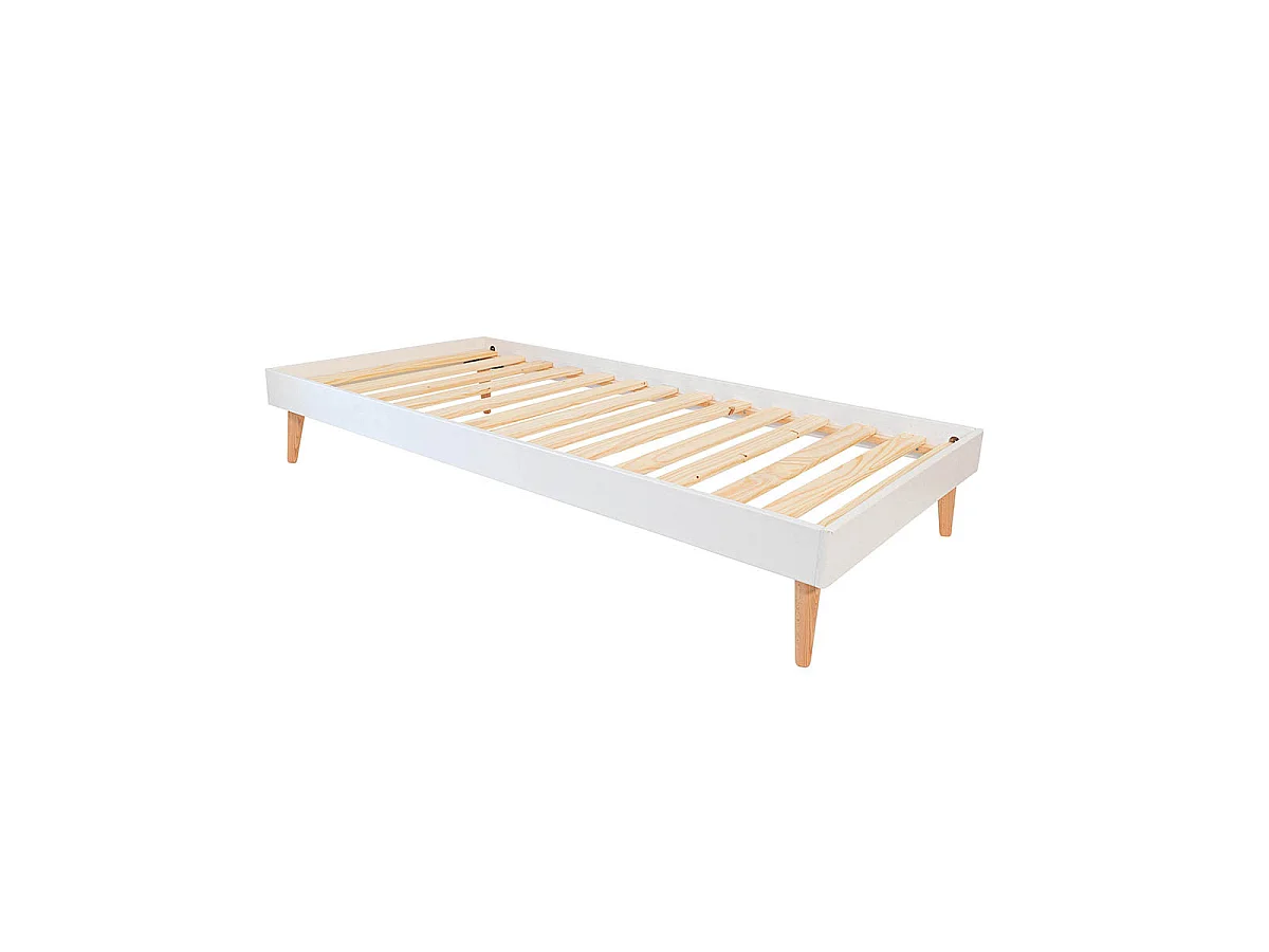 Pack lit enfant avec pieds et matelas 90x190 cm bois massif blanc DARLA