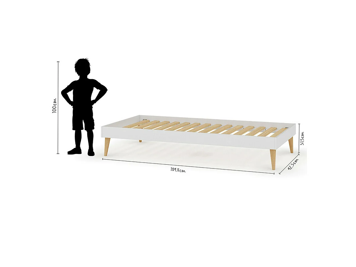 Pack lit enfant avec pieds et matelas 90x190 cm bois massif blanc DARLA