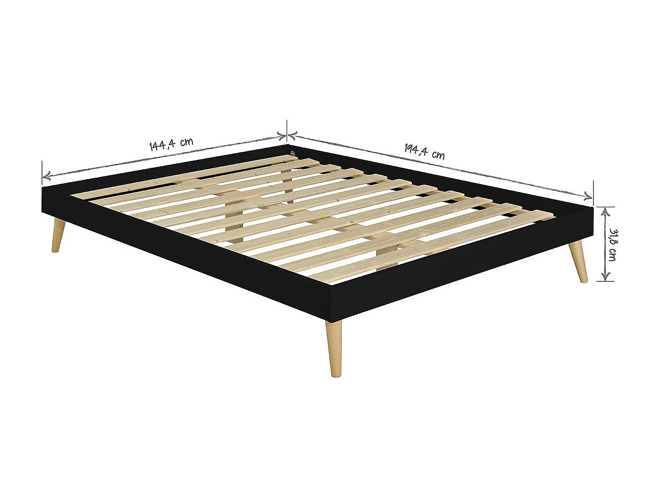 Lit 2 places avec pieds 140x190 cm bois massif noir DARLA