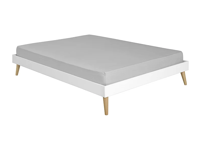 Pack lit 2 places avec pieds et matelas 140x190 cm bois massif blanc DARLA