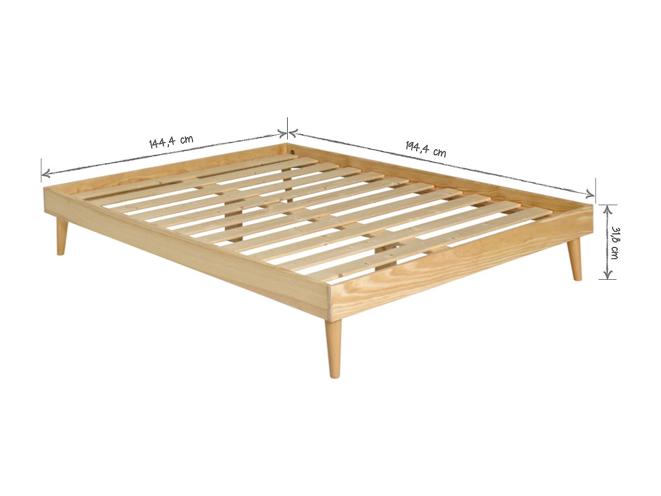 Pack lit 2 places avec pieds et matelas 140x190 cm bois massif bois naturel DARLA