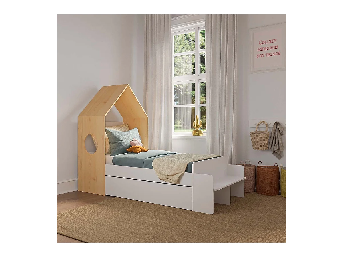 Pack lit avec tiroir 90x190 cm panneaux de fibres blanc et bois SANDRO